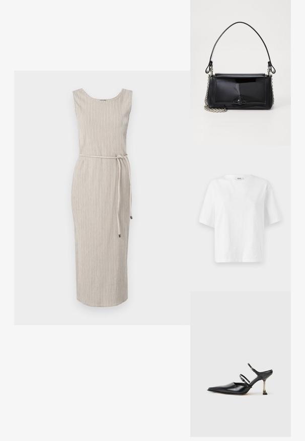 Rochie bej, fără mâneci, cu decolteu rotund, dungi texturate verticale și o curea asortată la talie. Lungime până la jumătatea gambei.; Tricou alb cu mânecă scurtă, realizat din bumbac, cu un guler rotund și o croială lejeră, boxy, având detalii minime de cusătură.; Pantofii slingback din piele neagră cu vârf ascuțit, dotati cu două curele ajustabile și un toc metalic. Textură netedă și design minimalist.; Geantă din piele patent neagră, cu o formă rectangulară, mânere din lanț și un accent distinctiv din metal în centru. Textură netedă.