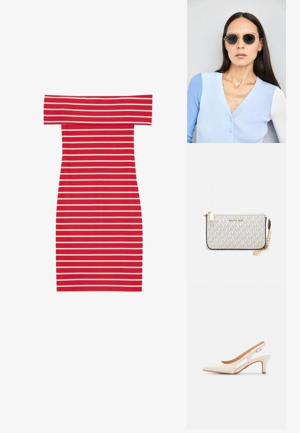 Červeno-bílý pruhovaný bodycon šaty s odhalenými rameny, s přiléhavým střihem a žebrovanou strukturou. Obsahuje horizontální pruhy po celém povrchu.; Bílé lodičky na podpatku s špicatou špičkou, hladkým svrškem, nízkým blokovým podpatkem a designem s bočním výřezem se stahovací sponou.; Kulaté sluneční brýle s tmavými čočkami a zlatými rámy. Modelka má na sobě světle modrý žebrovaný kardigan s knoflíky a kontrastními bílými rukávy.; Kabelka na zápěstí Michael Kors v béžové potažené plátno s opakujícím se vzorem loga MK, zlatými kovovými doplňky a odnímatelným řetízkovým popruhem.