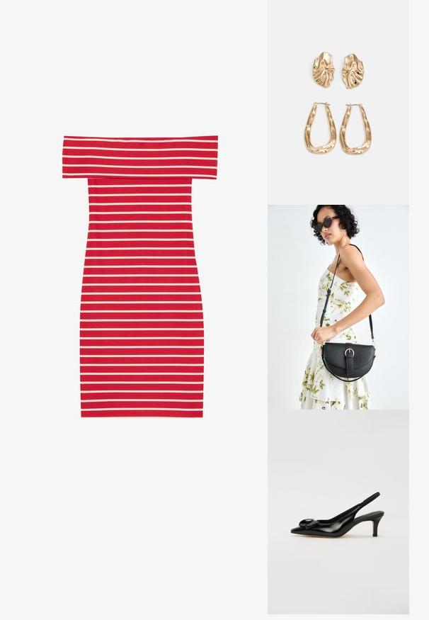 Rood en wit gestreept off-the-shoulder bodycon-jurk met een getailleerde vorm en ribbeltextuur. Heeft horizontale strepen over het geheel.; Zwarte lakleren slingback schoen met een spitse neus, kleine hak en een opvallende strikaccent op de voorkant. Glad textuur en slank ontwerp.; Zwarte leren handtas met een gebogen vorm, afneembare schouderband en gouden hardware. De tas heeft een klep met een gespsluiting.; Gouden oorbellen met een getextureerd, golvend ontwerp. Bevat sculpturale clip-on studs en een open ringontwerp met een gehamerd oppervlak.