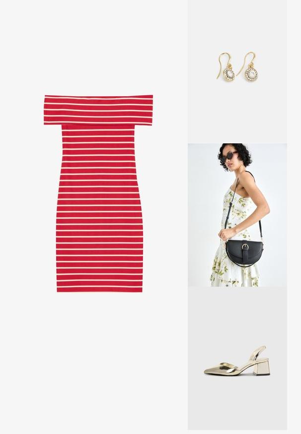 Abito bodycon a righe rosse e bianche off-the-shoulder con una forma aderente e texture a costine. Presenta righe orizzontali su tutta la superficie.; Tacchi slingback metallici color oro con punta appuntita e tacco grosso. Texture liscia, design minimalista e una cinghia stretta.; Borsa a tracolla nera in pelle con una forma curva, manico rimovibile e accessori dorati. La borsa presenta una patta con un dettaglio a fibbia.; Orecchini color oro con cristalli trasparenti di forma ovale circondati da pietre più piccole e trasparenti, dotati di un design a gancio per una vestibilità sicura.