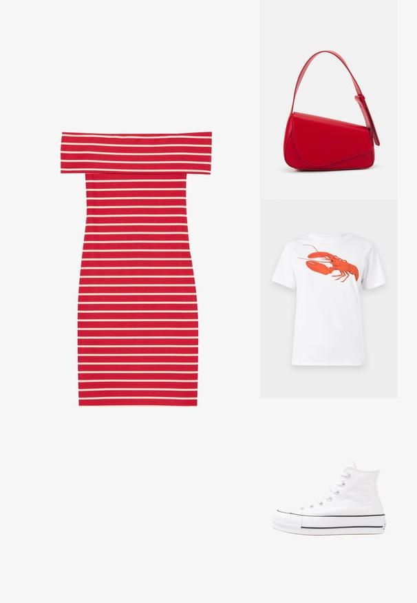 Abito bodycon a righe rosse e bianche off-the-shoulder con una forma aderente e texture a costine. Presenta righe orizzontali su tutta la superficie.; T-shirt bianca in cotone con una grande grafica di aragosta rossa brillante sul davanti. Maniche corte e design con colletto rotondo standard.; Sneaker alta in tela bianca con suola in gomma nera, punta in gomma frontale e sei asole per i lacci, caratterizzata da un design pulito e minimalista.; Borsa a tracolla in pelle rossa con un design angolare e geometrico. Presenta una singola tracolla regolabile e una chiusura a patta con dettagli cuciti.