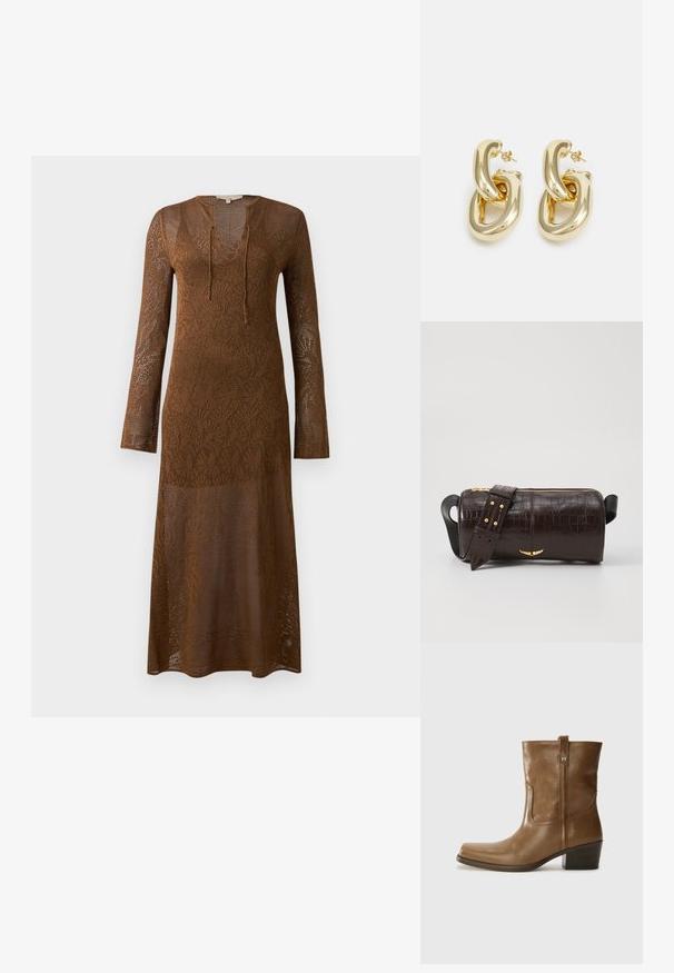 Robe longue marron à manches longues en tissu en dentelle tricotée, dotée d'un décolleté en V profond et d'un détail de nœud. Une texture décorée s'étend sur l'ensemble du vêtement.; Bottine en cuir marron avec un orteil carré, une finition texturée et un petit talon empilé. Présente une languette à l'arrière et des détails de couture subtils.; Sac en cuir embossé crocodile marron avec une forme cylindrique, quincaillerie dorée et une bandoulière détachable ornée de clous.; Rabanne XL LINK  DOUBLE HOOP EARRINGS - Boucles d'oreilles - gold-coloured