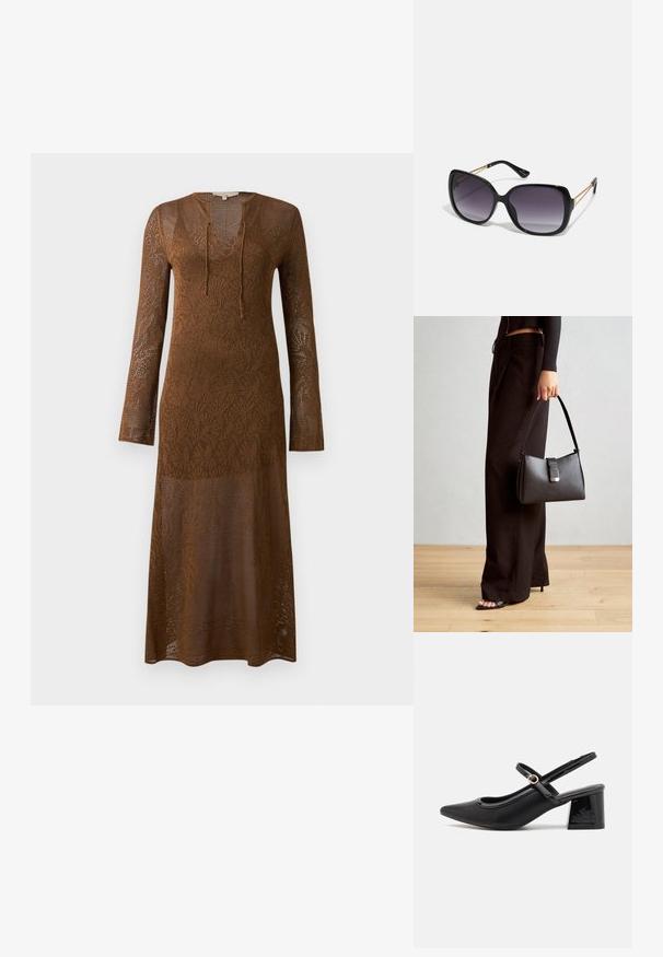 Hnedé, dlhé šaty s dlhým rúchom vyrobené z čipkovaného pleteného materiálu, s hlbokým výstrihom do V a detailom viazania. Vzorovaná textura sa tiahne celým odevom.; Čierne lakované kožené lodičky so slingback dizajnom, špicatou špičkou, zaobleným výrezom a blokovým podpätkom. Obsahuje akcent zlatého tónu s prackou.; Čierne oversized slnečné okuliare s gradientovými sklíčkami, hrubými rámami a zlatým retiazkovým detailom na stranách.; Čierna kabelka so štruktúrovaným tvarom, hladkou textúrou a kovovou sponou. V kombinácii so širokými čiernymi nohavicami a sandálmi s otvorenou špičkou na drevenej podlahe.