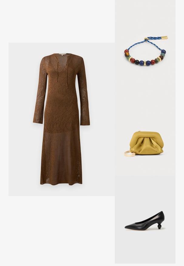 Pruun, pika varrukaga pitskudumistest valmistatud kleit, millel on sügav V-kaelus ja kinnastes detail. Muster ulatub kogu rõivale.; Must musta kõrge kontsaga king, millel on terav nina ja ümar, pallikujuline konts. Sile pind ja elegantne, minimalistlik disain.; Kollane, pehme tekstuuriga portsak, millel on struktureeritud ülemine osa, kogutud põhi ja õhuke, eemaldatav rihm. Ülemises osas lukuga sulgemine.; Helmesheega, millel on mitmevärvilised kivid (punane, sinine, roheline, must) kuldsete aktsentide ja punutud sinise nööriga, reguleeritava luku süsteemiga.