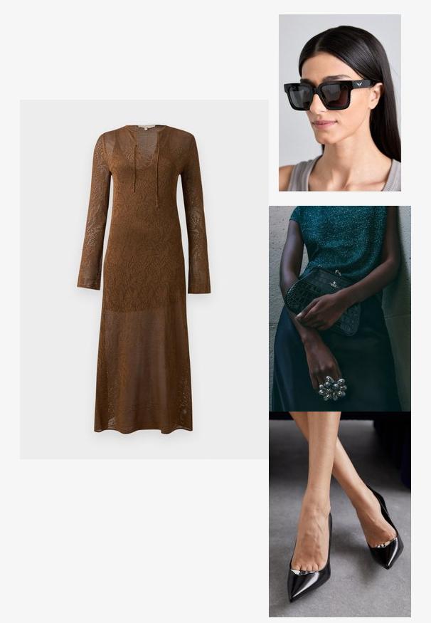 Brun langærmet kjole lavet af blonde strikket stof, med en dyb V-udskæring og bånd detalje. Mønsteret strækning går gennem hele beklædningen.; Sorte læder højhælede sko med spids tå og åben design, der har en dekorativ sølvaccent. Glat tekstur med poleret finish.; Sorte oversized solbriller med firkantede stel, mørke linser og subtil vinge-logo detalje på stangen. Har teksturerede accenter på siderne.; Sorte clutchtaske med krokodillemønster og sølvhardware, holdt mod en tekstureret grå baggrund. Har en blank overflade.