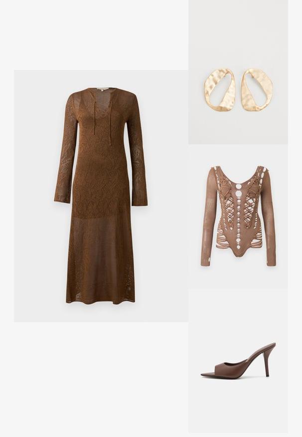 Ruda, ilga rankovė suknelė, pagaminta iš nėrinių mezgimo audinio, turi gilų V formos iškirpimą ir rišamą detalę. Modelio tekstūra tęsiasi visame drabužyje.; Ilgaamžis rudas tinklinis bodysuit'as su sudėtingais išpjovimais, raištelių detalėmis priekyje ir dekoratyvine karoliukų puošyba kraštuose, priešais baltą foną.; Rudi odos atviri aukšti kulniukai su elegantišku dizainu, turinčiu plačią priekinę juostą ir siauromis stiletto kulkšnimis.; Nedidelis nereguliarus ovalo formos aukso tono metalinių auskarų pora su tekstūruota, šiek tiek kalta paviršiumi ant balto fono.