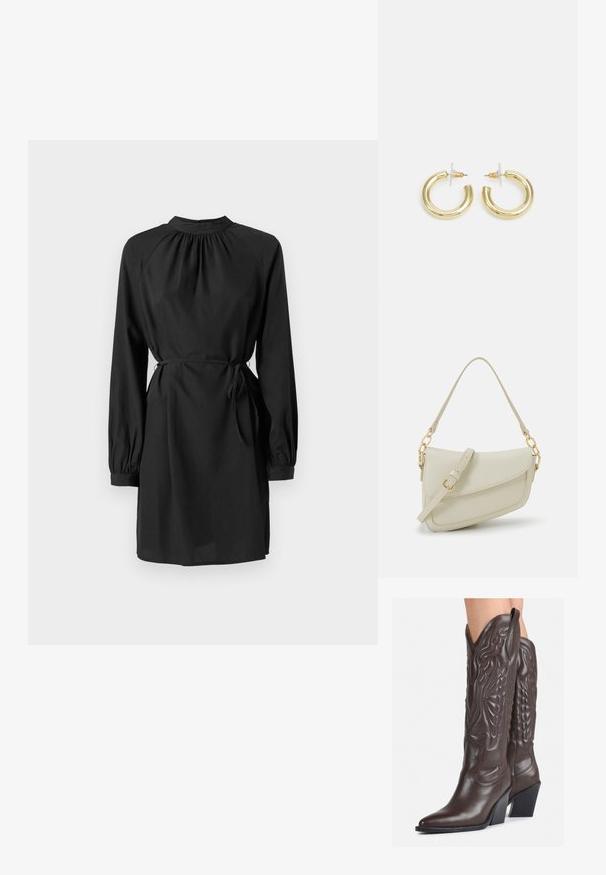 Crna haljina s dugim rukavima, nabranim dekolteom i pojasom u struku. Izrađena od mekanog materijala s glatkom teksturom i opuštenim krojem.; Smeđe kožne kauboj čizme s šiljastim vrhom i blok-potpeticom, s detaljno izvezenim šavovima i uzdignutim naglascima na okovu.; Mala krem torbica s teksturiranim finišom, dugačkim podesivim remenom, lančanim detaljem i preklopom. Zlaćani hardver.; Zlatne kružne naušnice s glatkom, sjajnom završnom obradom. Kružni dizajn s malom potporom i prozirnom podlogom za sigurno nošenje.