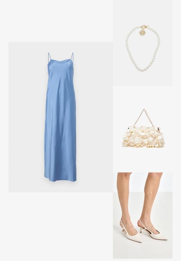 Kék selyem maxi ruha vékony spagetti pántokkal, sima textúrával és egyenes sziluettel, amelyet folyékony illeszkedéshez terveztek.; Beige patent bőr slingback magassarkúk hegyes orral és 5 cm-es sarokkal, kivágott oldalakkal és vékony bokapánttal.; Fehér virágmintás kézitáska gyűrt szövet felülettel, aranyszínű lánccal és fémetaljzattal. Textúrázott szirmokkal készült a részletesebb megjelenés érdekében.; Lauren Ralph Lauren COLLAR - Nyaklánc - gold-coloured/white