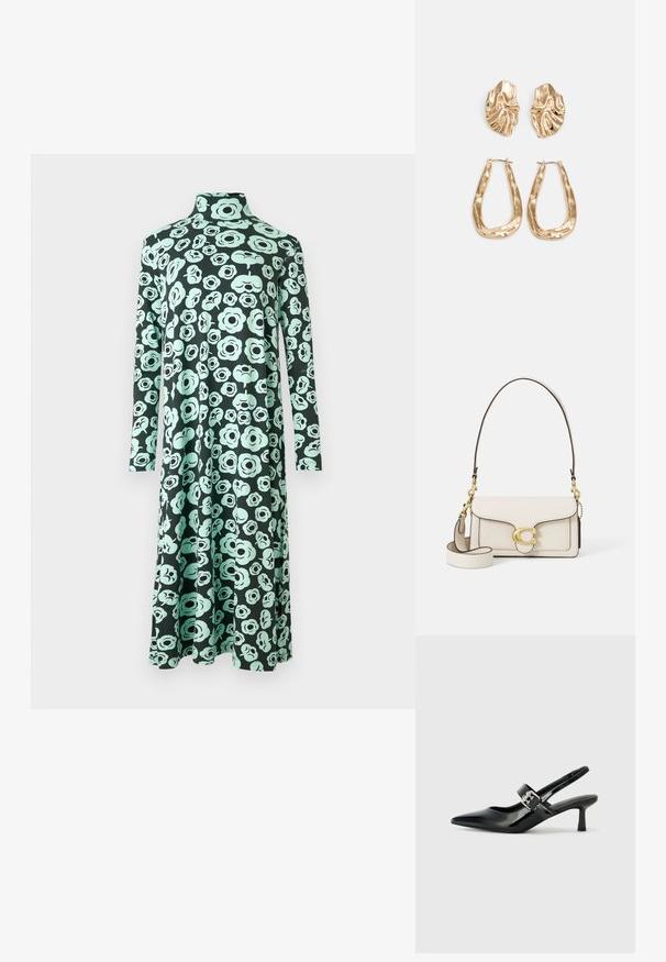 Hosszú ujjú, magas nyakú ruha bővülő szegéllyel, fekete alapon világos türkiz absztrakt virágmintával.; Fekete lakkbőr slingback sarkú cipők hegyes orral és kis blokk talppal, ezüst csat díszítéssel a pánton.; Krém színű bőrtáska strukturált kivitelben, kontrasztos fekete élekkel, arany hardware-rel, és egy levehető pánttal, amelyen a jellegzetes logó található.; Aranyszínű fülbevalók, texturált, hullámos formákkal. Tartalmazza a szobrászati klipszes studokat és az open hoop kialakítást, kalapácsos felülettel.