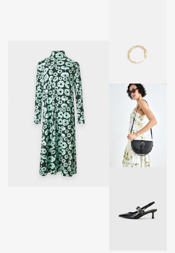 Ilgomis rankovėmis, aukštu kaklu su apskritu kirpimu su plačiu kraštu, su juodu pagrindu ir šviesiai žaliu abstrakčiu gėlių raštu.; Juodai lakuoti slingback aukštakulniai su smailiu kojų pirštu ir mažais blokiniais kulniukais, su sidabro sagtimi ant dirželio.; Juodas odinis krepšys su išlenkta forma, nuimamu dirželiu ir auksiniais detalėmis. Krepšys turi kilpą su sagtimi.; Auksinės spalvos žiedas, turintis organišką, sukimosi dizainą su lygiu paviršiumi ir siaurėjančiais galais, sukuriantis modernią skulptūrinę išvaizdą.