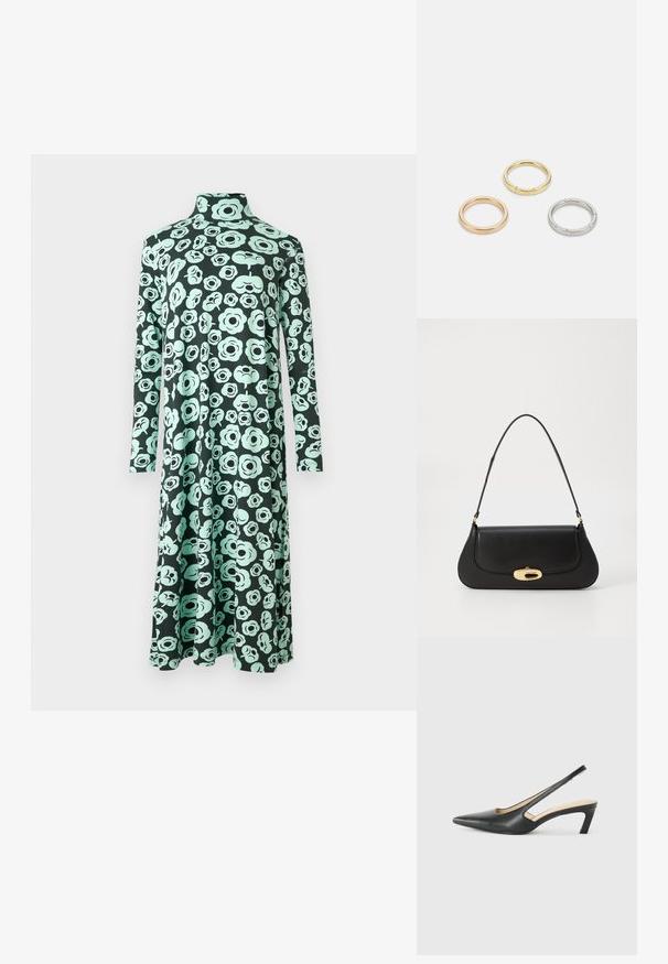 Long-sleeve, high-neck dress with flared hem, featuring a black base and light teal abstract floral pattern.; Black pointy-toed slingback shoe with a low heel, featuring smooth leather material and cut-out design on the side for breathability.; Black leather handbag with a curved design, gold-tone hardware, and a top handle. Features a sleek closure and smooth texture.; Three metal rings: one rose gold, one gold with textured accents, and one silver, all with engraved branding on the inner band.