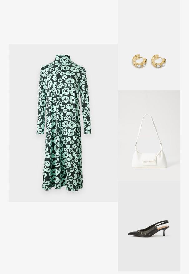 Langärmeliges Kleid mit hohem Kragen und ausgestelltem Saum, mit schwarzer Basis und helltürkisem abstraktem Blumenmuster.; Schwarzer Leder-Pumps mit Slingback, spitzer Spitze, kleinem Absatz und dekorativen metallischen Akzenten entlang der vorderen Öffnung. Glatte Textur.; Weiße synthetische Handtasche in dreieckiger Form, flache Vorderklappe und Schleifendetail, verstellbarer Trageriemen, glatte Textur und minimalistisches Design.; Goldene Creolen mit einem strukturierten Design und drei klaren Kristallakzenten auf einer Seite, die eine moderne geometrische Ästhetik bieten.