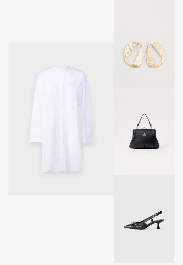 Biała koszula z długim rękawem, z kieszonką na przodzie, z subtelnym niebieskim haftem i czystym, minimalistycznym designem.; Czarne skórzane buty typu slingback z ostrym noskiem, ozdobnymi paskami z metalowymi oczkami oraz niskim klinowym obcasem. Teksturowana powierzchnia.; Czarna skórzana torebka o fakturowanej powierzchni, z metalowymi elementami w kolorze srebrnym, zapięciem na klamrę i krótkim uchwytem do noszenia. Kompaktowy i zorganizowany design.; Para nieregularnych, owalnych kolczyków ze złotego metalu o teksturowanej, lekko młotkowanej powierzchni na białym tle.