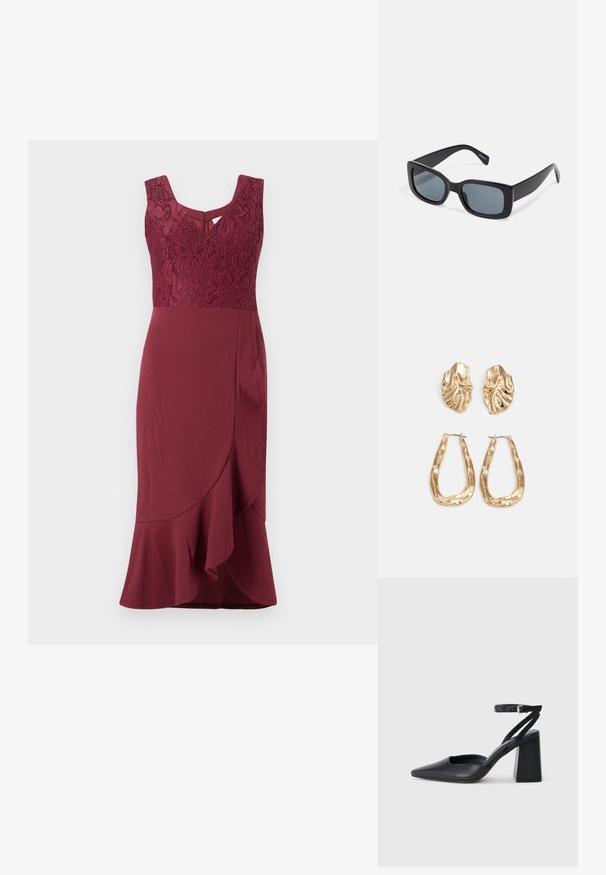 Βουργουνδί φόρεμα με δαντελωτό κορσέ και σχέδιο χωρίς μανίκια, με φαρδύ στρίφωμα και ασύμμετρο φούστα, ομαλή υφή υφάσματος σε όλη την επιφάνεια.; Μαύρο δερμάτινο ψηλοτάκουνο παπούτσι με οξύ μυτερό τόξο, λουράκι στον αστράγαλο και χοντρό τακούνι. Λείος υφασματισμός, κομψός σχεδιασμός και μινιμαλιστική αισθητική.; Μαύρα ορθογώνια γυαλιά ηλίου με σκούρους φακούς, χοντρό πλαστικό σκελετό και φαρδιές βραχίονες. Λείος επιφάνεια και γωνιακό σχέδιο.; Χρυσά σκουλαρίκια με υφή, κυματιστά σχήματα. Περιλαμβάνουν γλυπτικά κλιπ-σε σκουλαρίκια και σχέδιο ανοιχτού σκουλαρικιού με σφυρήλατη επιφάνεια.