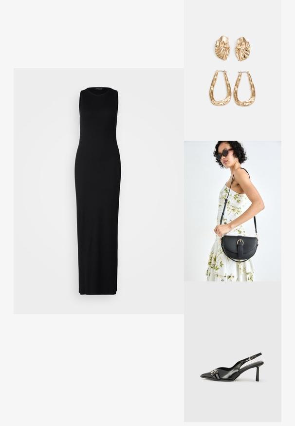 Czarna maksymalna sukienka bez rękawów, wykonana z gładkiego, elastycznego materiału. Posiada okrągły dekolt oraz dopasowany krój, który sięga do kostek.; Czarne lakierowane buty typu slingback z ostrym noskiem, paskami na kostkach z srebrnymi klamrami i elementami metalowymi oraz smukłym obcasem.; Czarna skórzana torebka o zakrzywionym kształcie, z odpinanym paskiem i złotymi akcentami. Torebka posiada klapę z zapięciem w kształcie klamry.; Złote kolczyki w odcieniu, prezentujące teksturowane, faliste kształty. Zawierają rzeźbiarskie klipsy i otwarty projekt kółek z młotkowanym wykończeniem.