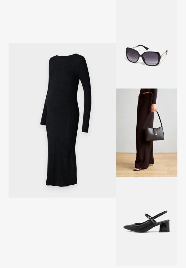Czarna, prążkowana sukienka ciążowa z długimi rękawami, okrągłym dekoltem i bocznymi rozporkami dla łatwości ruchów. Wykonana z lekkiego, elastycznego materiału.; Czarne lakierowane czółenka na słupku ze spiczastym noskiem, lekko zaokrąglonym wycięciem i obcasem w kształcie bloku. Posiadają złotą klamrę jako akcent dekoracyjny.; Czarne oversize okulary przeciwsłoneczne z gradientowymi soczewkami, grubymi oprawkami i złotym łańcuszkiem na ramionach.; Czarna torebka o usztywnionym kształcie, gładkiej fakturze i metalowym zapięciem. Połączona z szerokimi czarnymi spodniami i sandałami na otwartym palcu na drewnianej podłodze.
