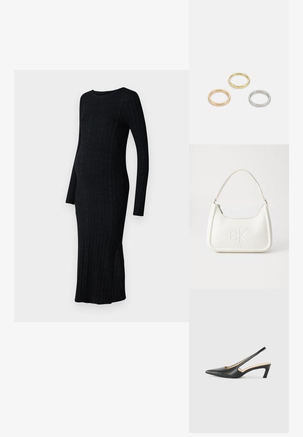 Μαύρο ριμπ φόρεμα εγκυμοσύνης με μακριά μανίκια, στρογγυλή λαιμόκοψη και πλαϊνές σχισμές για εύκολη κίνηση. Φτιαγμένο από ελαφρύ, ελαστικό ύφασμα.; Μαύρο παπούτσι slingback με αιχμηρή μύτη και χαμηλό τακούνι, κατασκευασμένο από λείο δέρμα με σχέδιο κοπής στη πλευρά για αερισμό.; Λευκή δερμάτινη τσάντα χειρός με καμπυλωτό σχήμα, διαθέτει ανάγλυφο λογότυπο "CK" μπροστά και μία ενιαία λαβή ώμου. Κλείσιμο με φερμουάρ στην κορυφή.; Τρία μεταλλικά δαχτυλίδια: ένα ροζ χρυσό, ένα χρυσό με υφές και ένα ασημένιο, όλα με εγχαραγμένο λογότυπο στην εσωτερική πλευρά.