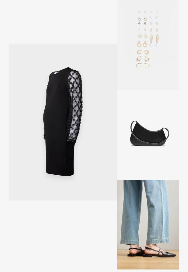 Svart kjole med solid kropp og gjennomskinnelige svarte ermer med hevede blomsterapplikasjoner. Rund hals og midtlengde design.; Sorte lærrem sko med spiss tå, flat hæl og ankelrem; brukt med lyseblå vide jeans.; Svart lær skulderveske med en buet design, med en teksturert stropp og gullfarget hardware på toppen av lukningen. Glatt finish.; Sett med gullfargede øredobber med ulike design, inkludert stikkere, hoops og hengende deler med perler og rhinestones.