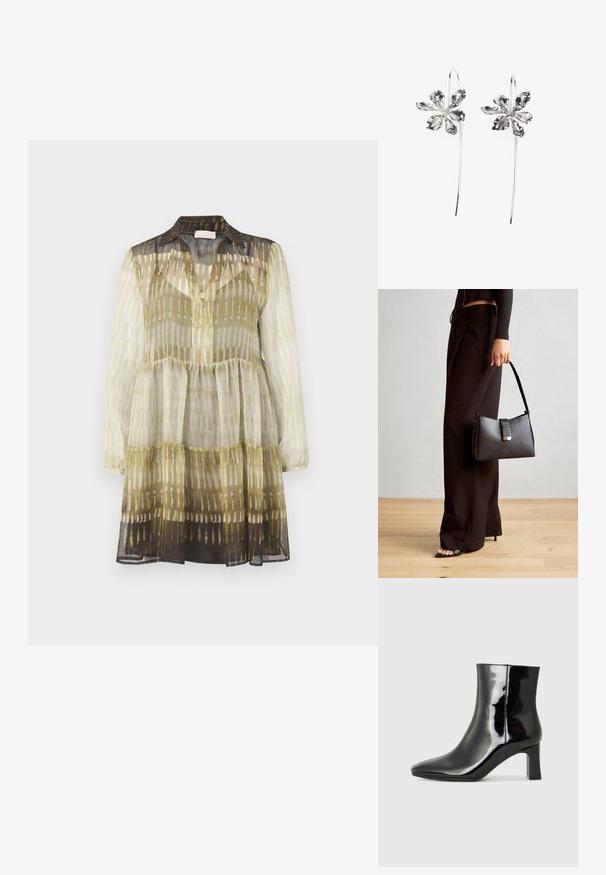 Zsorzsett ruha galléros kivágással, hosszú ujjakkal és réteges kialakítással. Több színű zöld és barna mintázat jellemzi, változó átlátszósággal.; Fekete lakk bőrcipő bokáig érő, hegyes orral és közepes magasságú tömbsarokkal. Simább textúrával és minimalista dizájnnal rendelkezik.; Fekete kézi táska strukturált formával, sima textúrával és fémből készült záródással. Széles fekete nadrággal és nyitott orrú szandállal párosítva, fából készült padlón.; Ezüst virágformájú fülbevalók, texturált felülettel, hosszú akasztókkal és szirmokra hasonlító részletekkel az összetett dizájn érdekében.