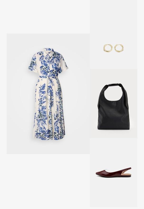 Cvetlična obleka v modri in beli barvi. Ima ovratnik, kratke rokave, pas z obročem in dolgo krilo.; Burgundski patenti slingback baletni čevlji s koničastim nosom, prozornim izrezi in črnim ravnim podplatom. Gladka tekstura, minimalističen dizajn.; Črna usnjena torbica z veliko odprto zgornjo stranjo in enim ramenskim trakom. Mehka tekstura, minimalističen dizajn, vsebuje subtilne kovinske poudarke.; Zlate obročaste uhane z teksturirano, nepravilno obliko. Imajo brezšivno zapiranje in poliširano površinsko obdelavo, kar poudarja sodoben dizajn.