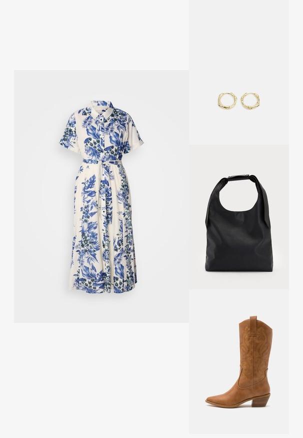 Ziedu raksta kleita zilos un baltos toņos. Tai ir apkakles forma, īsas piedurknes, josta viduklī un garš svārku klaips.; Brūni ādas kovboju zābaks ar norādītu purngalu, izšūtām viļņveida apakšējo detaļu un sakrautajiem blokiem. Iezīmēts ar velkšanas cilpu ērtai uzvilkšanai.; Melna ādas hobo soma ar vienu mīkstu, noapaļotu rokturi; tai ir gluda virsma un minimālistisks dizains. Nav redzamu metāla detaļu vai akcentu.; Zelta riņķveida auskari ar tekstūru un neregulāru formu. Iekļauj bezšuvju aizdari un pulētu virsmas apdari, uzsverot mūsdienīgu dizainu.