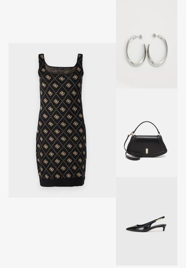 Mustaton hihaton mekko, jossa on timantin kuvio kullanvärisillä yksityiskohdilla. Siinä on neliömainen pääntie ja vartalonmyötäinen siluetti, valmistettu pehmeästä kankaasta.; Mustat nahkaiset slingback-korkokengät, joissa on terävä kärki, ohuet korot ja kultasävytteinen yksityiskohta säädettävässä hihnassa. Silkkinen pinta.; Mustalla nahkalaukulla, jossa on jämäkkä muotoilu, lyhyt malli, yläkahva ja kultaiset yksityiskohdat. Säädettävä olkahihna sisältyy.; Hope hopeista, joissa on sileä, kaareva muotoilu. Varustettu kiiltävällä metallipinnoitteella ja nappikiinnityksellä. Ei näkyviä kuvioita tai koristeluja.