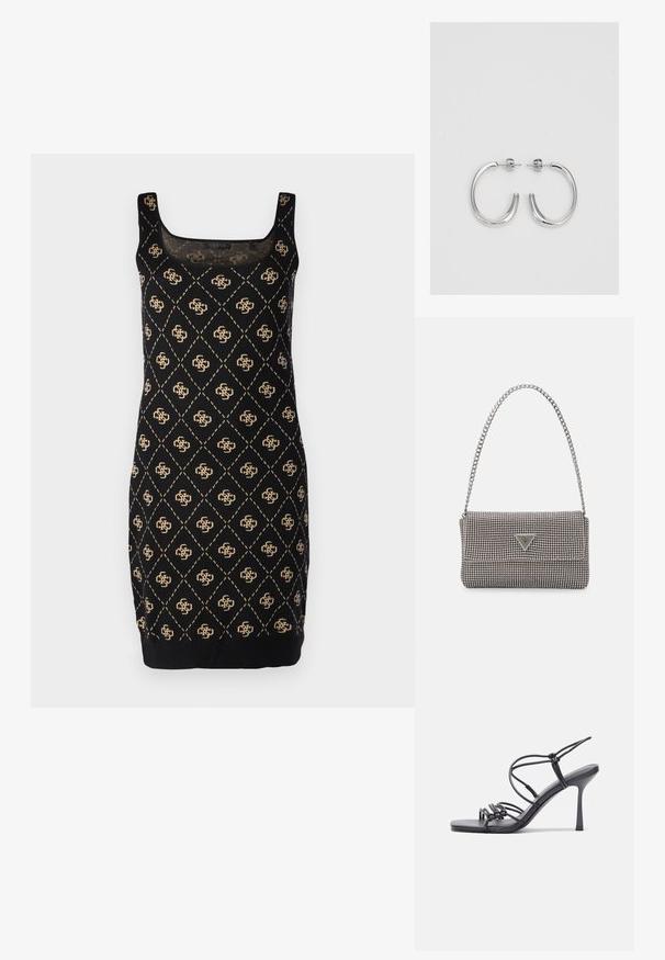 Vestido preto sem mangas com um padrão de diamantes e detalhes em dourado. Tem um decote quadrado e uma silhueta ajustada, feito de tecido suave.; As sandálias de salto alto pretas apresentam tiras finas com um design em nó, uma biqueira quadrada lisa e um elegante salto agulha.; Bolsa metálica cinza claro com uma alça de corrente, adornada com pequenos rebites metálicos circulares e um logótipo triangular da marca.; Brincos de argola prateados com um acabamento suave e brilhante. Forma arredondada, design leve, com fecho de pino.