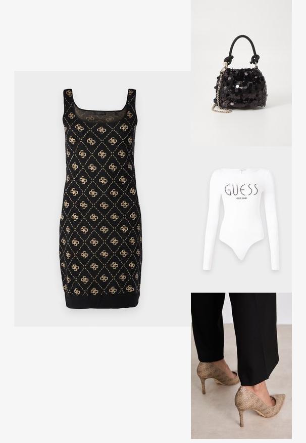 Juodas be rankovių suknelė su deimanto raštu ir auksiniais akcentais. Ji turi kvadratinį iškirpimą ir prigludusią siluetą, pagaminta iš minkštos medžiagos.; Baltos ilgomis rankovėmis bodis su apvaliu iškirpimu. Priekyje juodu spalva yra atspausdinta "GUESS" logotipas ir "EST.1981". Lygus paviršius.; Smėliniai aukštakulniai bateliai su tekstūruotu audiniu, kuriame yra pasikartojanti tekstūra. Išgaubtas pirštas, su užpakaline akcentu ir auksiniu kulno detaliu.; Juodas blizgučių mini rankinukas su mazguotu tekstūruotu dirželiu ir sidabro grandine. Suapvalinta forma su susiraukšlėtopu ir atspindinčiomis detalėmis.