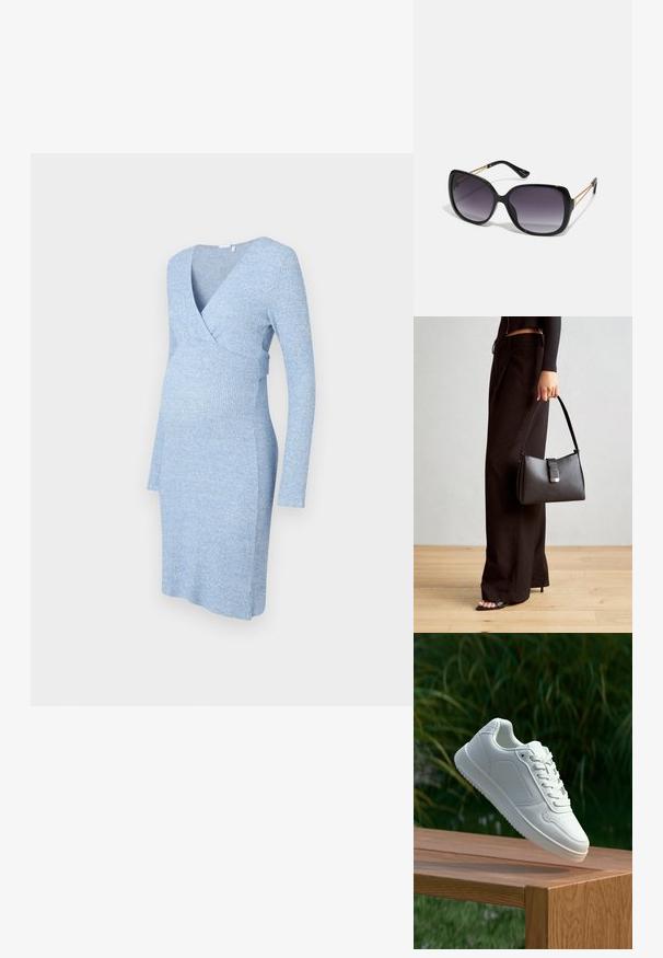 Világoskék kötött kismama ruha hosszú ujjakkal, V-nyakkivágással és testhez simuló fazonnal, amely kiemeli a pocak részt.; Fehér sportcipő sima szintetikus felsőrésszel, perforált lábujjrész, lapos fűzőkkel és texturált talppal, fából készült felületen kihelyezve.; Fekete, oversize napszemüveg fokozatos árnyalatú lencsékkel, vastag kerettel és arany színű lánc díszítéssel a szárakon.; Fekete kézi táska strukturált formával, sima textúrával és fémből készült záródással. Széles fekete nadrággal és nyitott orrú szandállal párosítva, fából készült padlón.