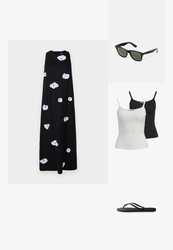 Sleeper THE BLOOM MAXI DRESS - Denní šaty - black; Dvě základní tílka v černé a bílé barvě, vyrobená z hladké, elastické látky. Mají tenké ramínka a jednoduchý, přiléhavý střih.; Černé žabky s texturovanou gumovou podrážkou, dvěma štíhlými popruhy a jemným, embosovaným logem na popruhu.; Černé plastové sluneční brýle se zelenými skly, čtvercové obroučky, stříbrný detail na obočí a texturované stranice. Značka uvedená na vnitřní straně stranic.