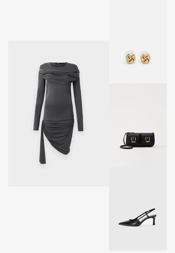 Sötétszürke, hosszú ujjú, testhezálló ruha, amelynek mellkasán drapírozott anyag található, aszimmetrikus ráncokkal a szoknyán, az egyik oldalon lógó sállal.; Fekete lakk slingback sarok, hegyes orral, texturált kígyómintával, állítható pánttal és rövid, texturált tömbsarkal.; Fekete bőr keresztbody táska két elülső zsebbel, arany csattokkal, cipzáras záródással és vékony pánttal. Textúrált felület és kompakt téglalap alak.; Arany színű csomó fülbevalók, csavart formával. Minden fülbevaló mögött egy kör alakú átlátszó támasz található a biztonságos viselés érdekében.