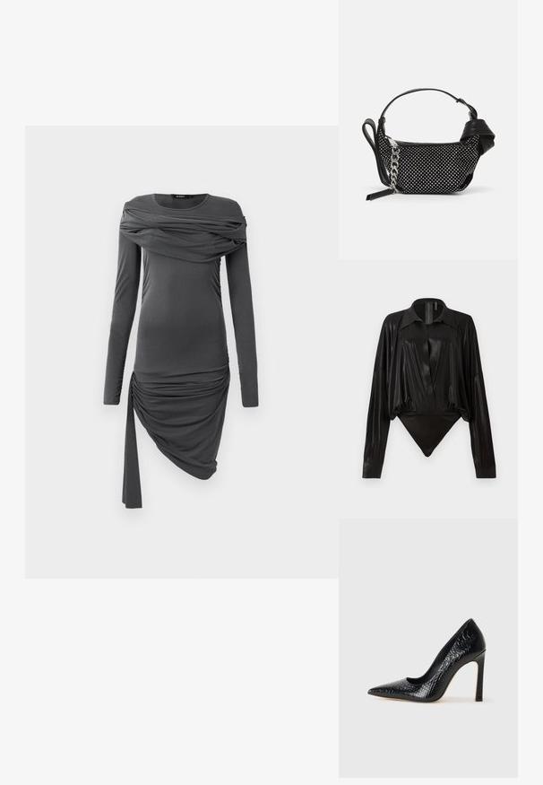 Czarna szara, dopasowana sukienka z długim rękawem, z drapowanym materiałem na klatce piersiowej oraz asymetryczną falbaną w dolnej części i wiszącą wstążką z jednej strony.; Czarny bodysuit z długimi rękawami, dekoltem w serek i dopasowanym fasonem. Wykonany z błyszczącego, gładkiego materiału z usztywnionym kołnierzykiem i mankietami.; Czarne szpilki z ostrym noskiem, pokryte teksturą skóry krokodyla, charakteryzujące się eleganckim wzornictwem, wysokim obcasem w stylu stiletto oraz gładkim czarnym wnętrzem.; Czarna torebka z teksturowanym wzorem, ozdobiona srebrnymi ćwiekami i grubym srebrnym łańcuszkiem. Charakteryzuje się eleganckim, minimalistycznym kształtem.