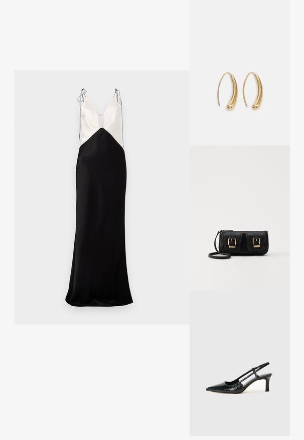 Ilgai be rankovių suknelė, turinti juodą satino sijoną ir kremine spalvos viršutinę dalį, su V formos iškirpte ir dekoratyviais rišimais ant pečių.; Juodai lakuoti slingback aukštakulniai su smailiu nosiu, su tekstūruotu gyvatės raštu, reguliuojama juosta ir trumpu, tekstūruotu blokiniu kulnu.; Juodas odinis per petį nešiojamas krepšys su dviem priekiniais kišenėmis, auksiniais sagtimis, užtrauktuko uždarymu ir siauromis petnešomis. Textūruota paviršius ir kompaktiškas stačiakampis formatas.; Auksinės metalinės auskarų kabės su lenktą, pailgą forma. Turi lygų, blizgantį paviršių ir užapvalintą galiuką papildomam akcentui.