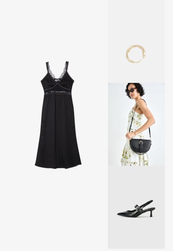 Never Fully Dressed MIMI DRESS STUD TRIM - Cocktailklänning - black; Svarta patentläder slingback-klackar med spetsig tå och en liten blockklack, med en silvrig spänneaccent på remmen.; Svart läderhandväska med en böjd form, avtagbar rem och guldiga detaljer. Väskan har ett lock med en spänndetalj.; Ring i guldutförande med en organisk, vriden design, slät yta och avsmalnande ändar, vilket ger ett modernt, skulpturalt utseende.