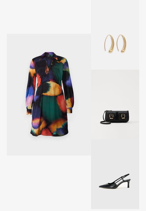 Rochie cu mânecă lungă, cu butoane, într-un model vibrant de tie-dye, cu culori care includ verde, negru, portocaliu și mov; textură de țesătură moale.; Pantofi cu toc slingback negri din patent, cu vârf ascuțit, cu imprimeu de șarpe texturat, curea ajustabilă și toc scurt texturat.; Geantă neagră din piele, tip crossbody, cu două buzunare frontale, catarame aurii, închidere cu fermoar și o curea subțire. Suprafață texturată și formă rectangulară compactă.; Cercei din metal auriu, cu un design curbat și alungit. Au o suprafață netedă și strălucitoare, cu un vârf rotunjit pentru un detaliu suplimentar.