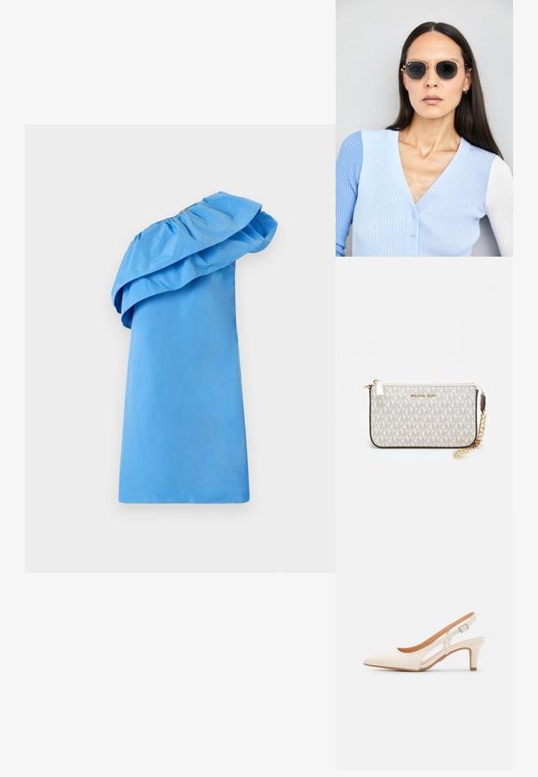 Zila vienpusēja kleita ar volānu detaļu kakla izgriezumā, izgatavota no gludas auduma ar elegantu siluetu. Iezīmes vienkrāsains tonis un minimālisma dizains.; Baltas siksniņveida papēdis ar smailu purngalu, gludu augšējo materiālu, zemu blokpapēdi un sānu izgriezumu dizainu ar regulējamu sprādzi.; Apaļas saulesbrilles ar tumšiem objektīviem un zeltītām rāmēm. Modelis valkā gaiši zilu, ribotu kardigānu ar pogām un kontrastējošām baltām piedurknēm.; Michaela Korsa rokassomi bez̦ā īšojuma, kas izgatavota no apklāta kanvas, iekļaujot atkārtotu MK logotipa rakstu, zelta aparatūru un noņemamu ķēdes siksnu.