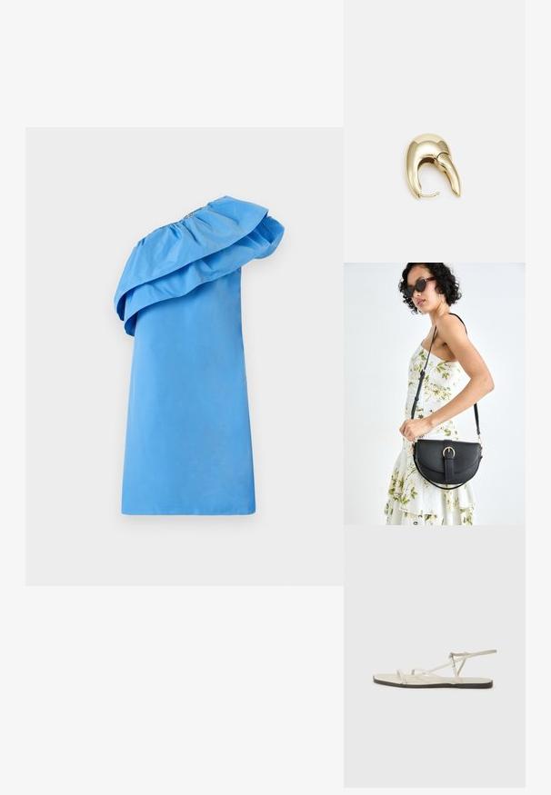 Blå en-skulderkjole med volangdetalj ved halsen, laget av glatt stoff med en slank silhuett. Har ensfarget design og minimal stil.; Beige flate sandal med flere slanke stropper og en justerbar spenne. Sålen er flat med en svak mørk kontrast langs kanten.; Svart lærveske med en buet form, avtagbar stropp og gullbeslag. Vesken har et klaff med spenne-detall.; Gullfarget metalløredobber med et elegant, buet design. Har en karakteristisk spiss form, polert overflate og hengsel-lukking.