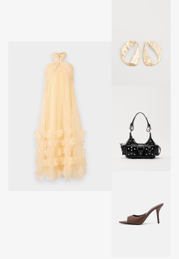 Maxi obleka iz prosojnega, svetlo rumenega blaga, z vezanim ovratnikom za halter in cvetličnimi aplikacijami na robu, kar ustvarja lepo obliko.; Rjave usnjene mule z odprtim prstom in visokim peto, s športnim dizajnom, ki vključuje širok sprednji trak in tanek stiletto peto.; Črna usnjena torbica s ukrivljenim dizajnom, ki vsebuje srebrne žebljičke, zaponko in dve stranski žepki. Nastavljiv trak za različne možnosti nošenja.; Par nenavadno ovalnih zlatih metalnih uhani s teksturirano, rahlo udarjeno površino na belem ozadju.