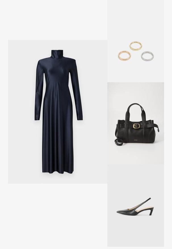 Robe longue à manches longues, bleu marine, avec un col montant, fabriquée dans un tissu lisse et brillant, présentant un design ajusté et une longueur maxi.; Slingback noir à bout pointu avec un petit talon, en cuir lisse et doté d'un design découpé sur le côté pour plus de respirabilité.; Sac à main en cuir noir présentant un design structuré, deux poignées supérieures, un accent de boucle en ton doré et un logo de la marque en relief à l'avant.; Trois anneaux en métal : un en or rose, un en or avec des accents texturés, et un en argent, tous avec une gravure de marque à l'intérieur de la bande.