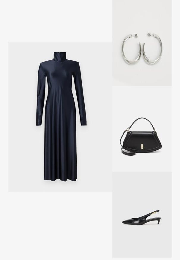 Langermet, marineblå kjole med høy krage, laget av et glatt og glitrende stoff, med en kroppsnær design og maxilengde.; Sorte lærreim hæler med spiss tå, som har en slank hæl og en gullfarget detalj på den justerbare stroppen. Glatt tekstur.; Sort lærveske med en strukturert design, som har en avkortet form, topphåndtak og detaljer i gull. Justerbar skulderstropp inkludert.; Sølvøreringer med en jevn, buet design. Har en blank metallisk finish og en studlås. Ingen synlige mønstre eller aksenter.