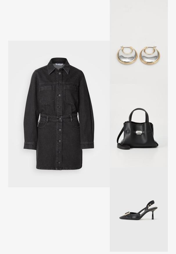Svart denimkjole med knappelukking foran, krage, to brystlommer og belte i midjen. Langermet med knappejusteringer.; Svart skinn slingback-sko med spiss tå, slank hæl og gullfarget detalj på vampen. Glatt tekstur og strukturert design.; Svart skinnveske med teksturert overflate, som har to håndtak på toppen, en avtagbar skulderrem og detaljer med sølvspenne.; Små hoops med gullkant og en blank, reflekterende sølvfarge på innsiden, vist side om side på en hvit bakgrunn.