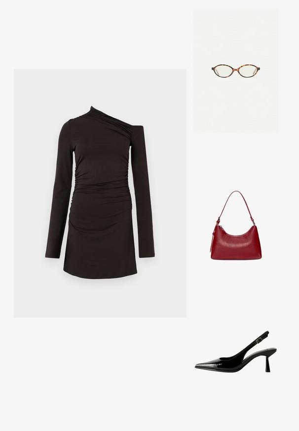 Fekete, hosszú ujjú ruha, egy vállra készült dizájnnal, ráncos oldali részletekkel és testhez simuló siluettel. Puha, rugalmas anyagból készült.; Fekete lakk bőr slingback pumpa hegyes orral, kivágott oldalakkal, állítható boka pánttal és vékony, elegáns sarkával.; Tortábar színű szemüveg ovális lencsékkel és sima, elegáns felülettel. Vékony szárakkal rendelkezik, amelyeken finom ív található a halántéknál. Átlátszó lencsék.; Piros bőrből készült válltáska ívelt formával, sima textúrával és cipzáras záródással. Kiváló, vékony fogantyúval rendelkezik a hordozás érdekében.