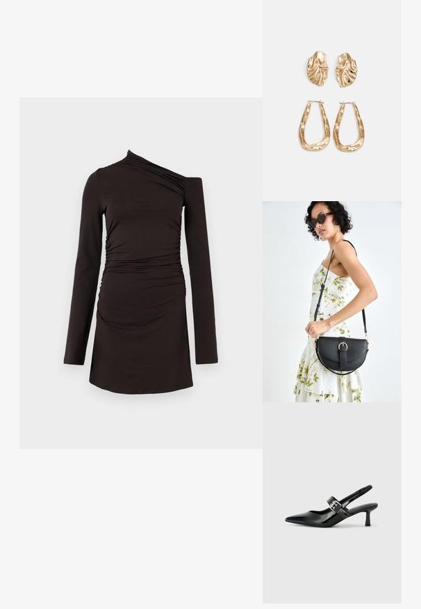 Czarna sukienka z długim rękawem w stylu z jednym ramiączkiem, z marszczonymi detalami po bokach i dopasowanym krojem. Wykonana z miękkiej, elastycznej tkaniny.; Czarne lakierowane szpilki slingback z wąskim noskiem i małym słupkiem, z ozdobnym srebrnym klamrą na pasku.; Czarna skórzana torebka o zakrzywionym kształcie, z odpinanym paskiem i złotymi akcentami. Torebka posiada klapę z zapięciem w kształcie klamry.; Złote kolczyki w odcieniu, prezentujące teksturowane, faliste kształty. Zawierają rzeźbiarskie klipsy i otwarty projekt kółek z młotkowanym wykończeniem.