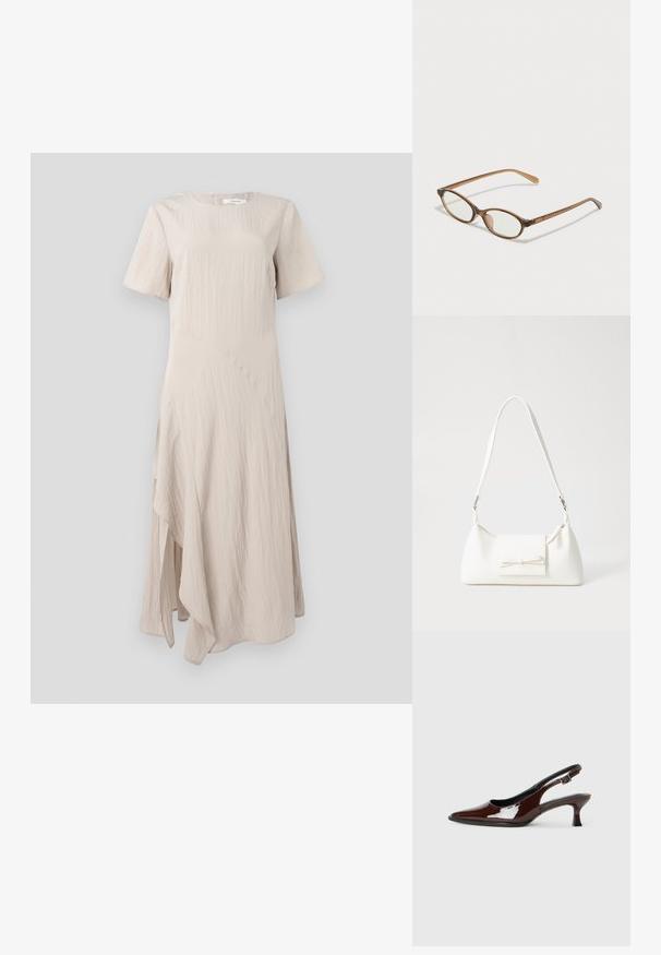 Beige, knälång klänning i texturerat tyg med korta ärmar och asymmetrisk fåll. Rund halsringning med dragkedja bak.; Brun lackläder slingback-sko med spetsig tå och en måttlig klack. Utrustad med en spännband för säker passform. Slät textur.; Bruna sköldpaddsformade glasögon med ovala linser, tunna skalmar och transparanta detaljer. Innehåller en diskret logotyp på bågen. Snygg, lätt design.; Vit syntetisk handväska med triangulär form, platt framklaff och rosettdetalj, justerbar rem, slät textur och minimalistisk design.