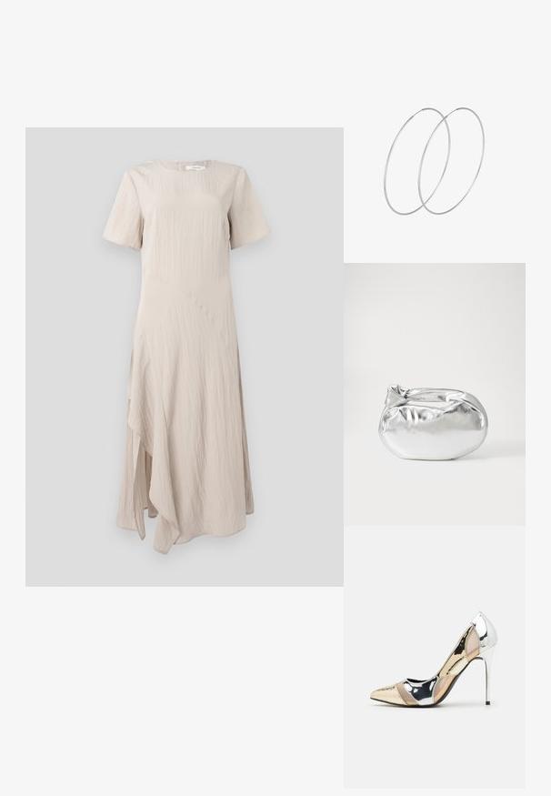 Robe beige, à mi-mollet, en tissu texturé avec des manches courtes et un ourlet asymétrique. Encolure ronde avec une fermeture éclair dans le dos.; Chaussure à talon aiguille à bout pointu avec un schema de couleurs argent, or et nude. Fini brillant avec un design découpé, dotée d'un talon stiletto.; Pochette en métal argenté avec une forme douce et arrondie et un fermoir en haut noué. Fabriquée en simili cuir lisse.; Boucles d'oreilles en argent au design minimaliste. Forme circulaire, texture lisse et profil fin. Légères avec une finition polie.