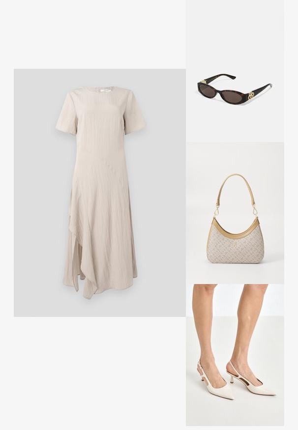 Robe beige, à mi-mollet, en tissu texturé avec des manches courtes et un ourlet asymétrique. Encolure ronde avec une fermeture éclair dans le dos.; Escarpins à talon slingback en cuir verni beige avec un bout pointu et un talon de 5 cm, présentant des côtés découpés et une fine bride à la cheville.; Lunettes de soleil en écaille, avec des verres ovales allongés, teinte marron, accents de logo doré sur les branches et montures noires élégantes.; Sac à main en beige à motif, avec une forme incurvée, des accents en cuir et un logo en ton doré sur le devant. Il dispose d'une poignée courte pour un transport facile.; Collier en perles et cristaux avec un design rond et perlé dans des teintes douces, comportant des perles alternées et des accents scintillants, porté autour du cou.