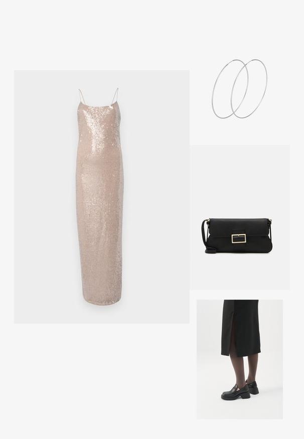 Večerné šaty s flitrami na tenkých ramienkach, v jemnej béžovej farbe. Majú priliehavý strih a hladkú, lesklú textúru.; Čierne kožené topánky s okrúhlou špičkou, silným blokovým opätkom a elastickými bočnými akcentmi, skombinované s tmavými pančuchami a čiernou sukňou so štiepením.; Čierna kožená clutch taška s klopou a zlatým kovovým detailom s prackou. Obsahuje čierny remienok a elegantný, minimalistický dizajn.; Strieborné kruhové náušnice s minimalistickým dizajnom. Cirkulárny tvar, hladký povrch a tenký profil. Ľahké s lesklým povrchom.