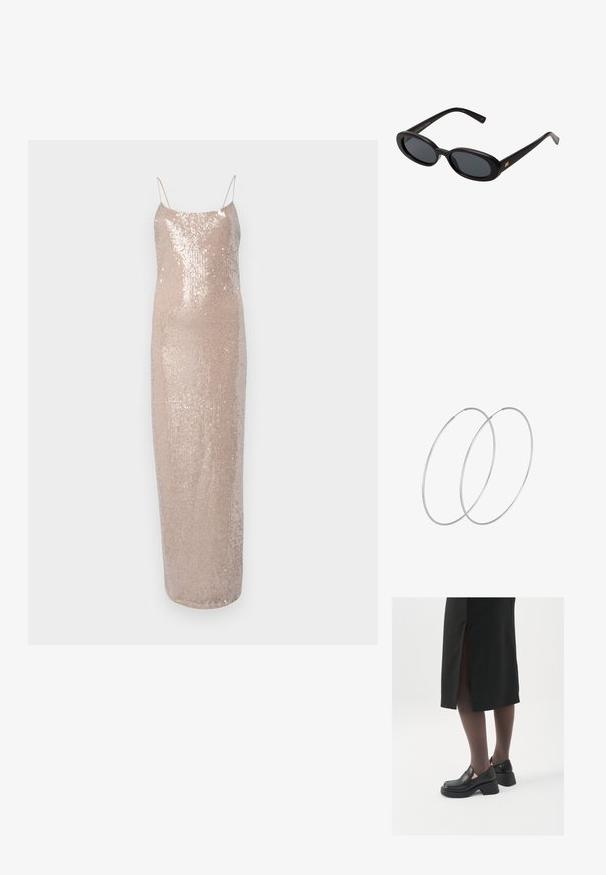 Večerné šaty s flitrami na tenkých ramienkach, v jemnej béžovej farbe. Majú priliehavý strih a hladkú, lesklú textúru.; Čierne kožené topánky s okrúhlou špičkou, silným blokovým opätkom a elastickými bočnými akcentmi, skombinované s tmavými pančuchami a čiernou sukňou so štiepením.; Čierne oversized slnečné okuliare s oválnymi šošovkami, hladkým plastovým rámom a zlatými akcentmi na straniciach. Tmavé šošovky poskytujú ochranu pred slnkom.; Strieborné kruhové náušnice s minimalistickým dizajnom. Cirkulárny tvar, hladký povrch a tenký profil. Ľahké s lesklým povrchom.