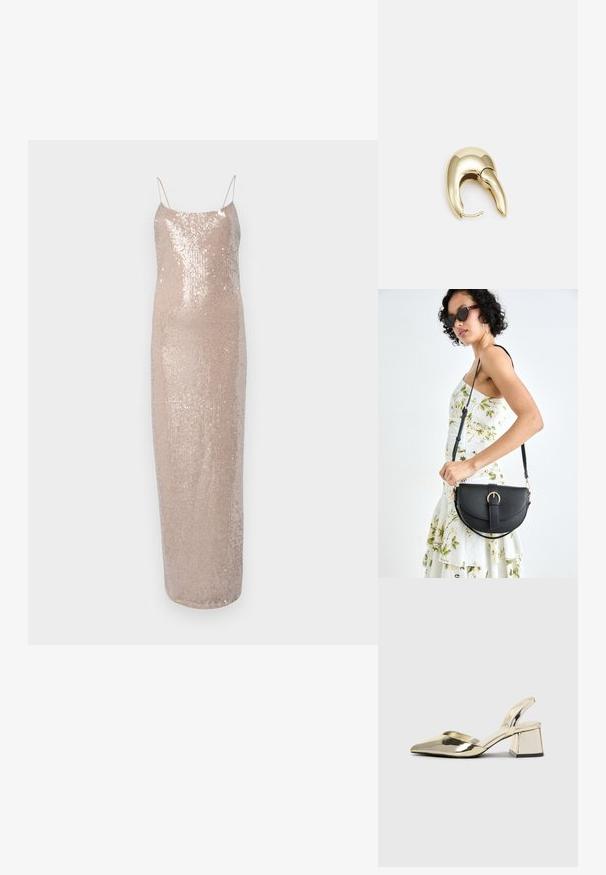Paljettkveldsdrakt med spaghetti-stropper, i en myk beige farge. Har en tettsittende silhuett og en glatt, skinnende tekstur.; Gull, metallisk slingback-hæler med spiss tå og chunky hæl. Glatt tekstur, minimalistisk design og en smal stropp.; Svart lærveske med en buet form, avtagbar stropp og gullbeslag. Vesken har et klaff med spenne-detall.; Gullfarget metalløredobber med et elegant, buet design. Har en karakteristisk spiss form, polert overflate og hengsel-lukking.