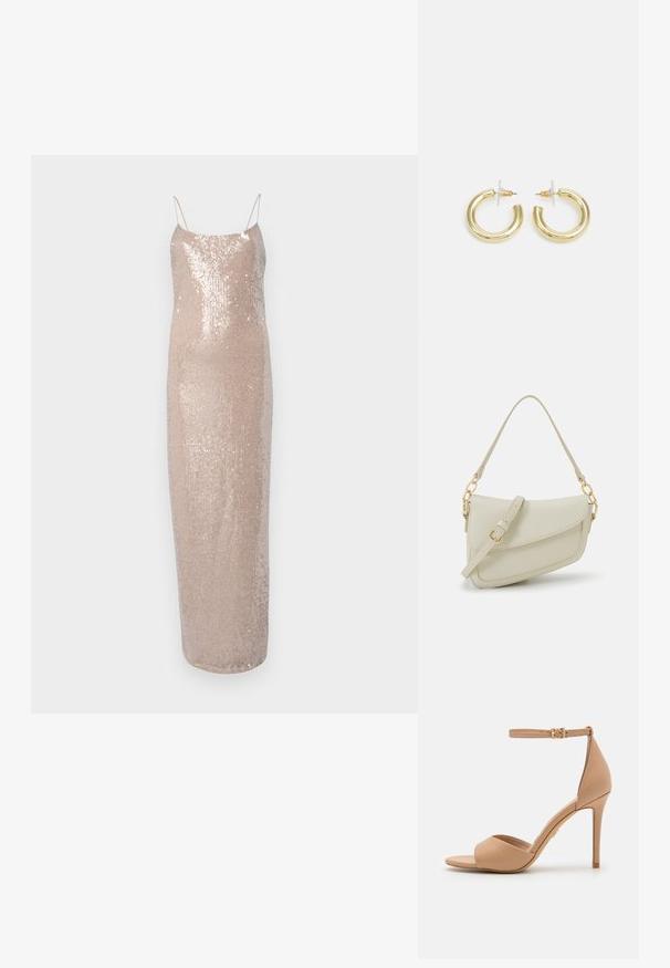 Paillette vakara kleita ar plāniem siksniņām, maigi beigu krāsā. Izceļas ar pieguļošu siluetu un gludu, spīdīgu tekstūru.; ALDO CRERIDE PILLOW WALK - Sandales - beige; Maza krēmkrāsas rokas soma ar teksturētu apdari, garu regulējamu siksniņu, ķēdes akcentu un vāciņa aizdari. Zelta aparatūras detaļas.; Zelta auskari ar gludu, spīdīgu apdari. Apaļš dizains, kas ietver mazu tapu un caurspīdīgu pamatni drošai valkāšanai.